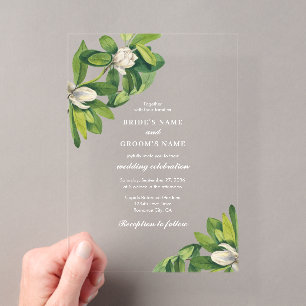 Invitations En Acrylique Fleurs blanches et mariage à l'aquarelle avec verd