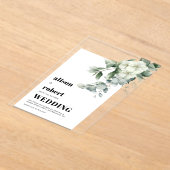 Invitations En Acrylique Fleurs blanches, eucalyptus et mariage à cadre (Poser)