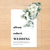 Invitations En Acrylique Fleurs blanches, eucalyptus et mariage à cadre (Recto)
