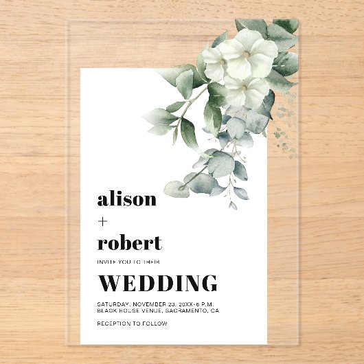 Invitations En Acrylique Fleurs blanches, eucalyptus et mariage à cadre (Recto)