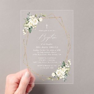 Invitations En Acrylique Fleurs blanches, Fleurs crème, Bohème, Baptême flo