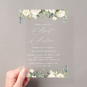 Invitations En Acrylique Fleurs blanches, Fleurs crème, Boho, Douze ans suc