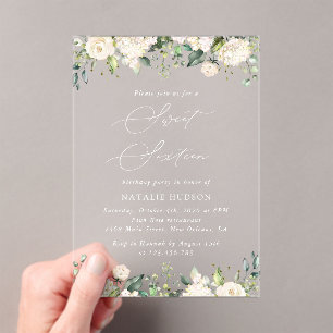 Invitations En Acrylique Fleurs blanches, Fleurs de crème, Boho, Sweet 16