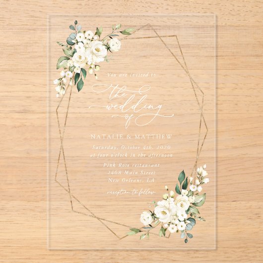 Invitations En Acrylique Fleurs blanches, Fleurs de crème, Verdure, Mariage (Recto)
