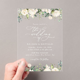 Invitations En Acrylique Fleurs blanches, Fleurs de crème, Verdure, Mariage