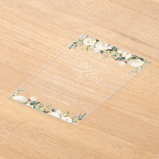 Invitations En Acrylique Fleurs blanches, Fleurs de crème, Verdure, Mariage (Poser)