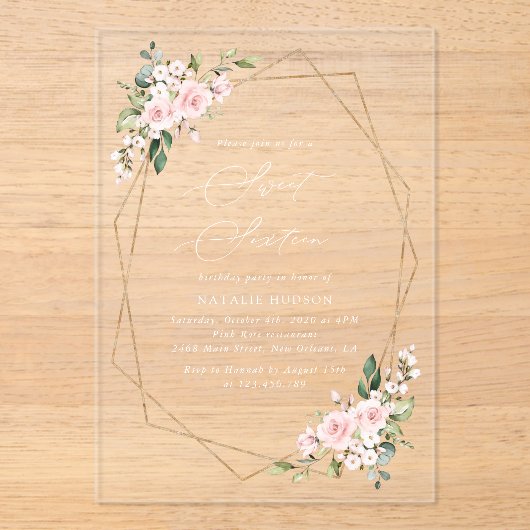 Invitations En Acrylique Fleurs blanches, Fleurs roses, Boho, Sweet 16 (Recto)