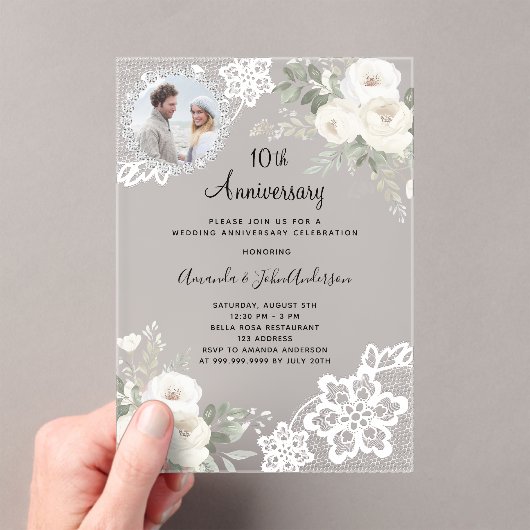 Invitations En Acrylique Fleurs blanches photo clair 10e anniversaire de ma (In situ (ordinateur de poche))