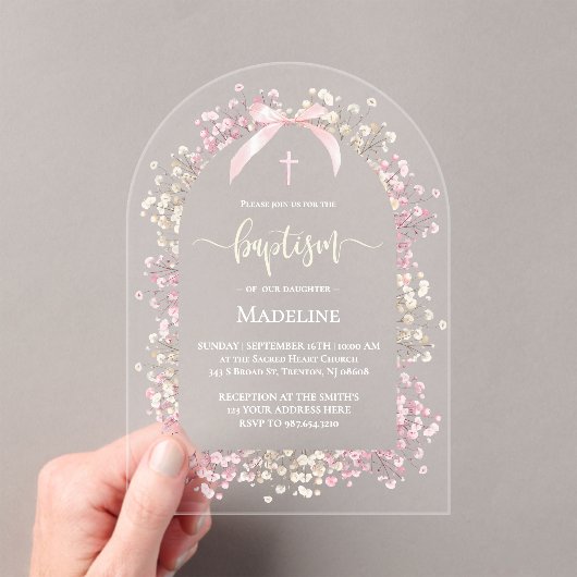 Invitations En Acrylique fleurs blanches roses Baptême (In situ (ordinateur de poche))