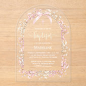 Invitations En Acrylique fleurs blanches roses Baptême (Recto)