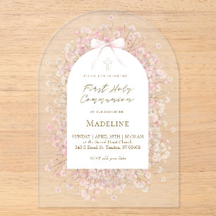 Invitations En Acrylique fleurs blanches roses Première Communion