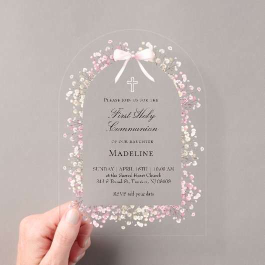 Invitations En Acrylique fleurs blanches roses Première Communion (In situ (ordinateur de poche))