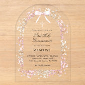 Invitations En Acrylique fleurs blanches roses Première Communion (Recto)