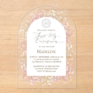 Invitations En Acrylique fleurs blanches roses Première Sainte Communion