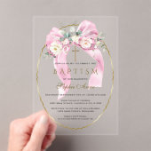 Invitations En Acrylique Fleurs blanches Ruban rose Fille Baptême Transpare (In situ (ordinateur de poche))