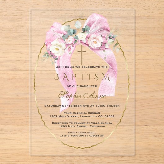 Invitations En Acrylique Fleurs blanches Ruban rose Fille Baptême Transpare (Recto)