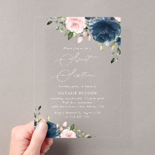 Invitations En Acrylique Fleurs Bleu Marine, Fleurs Roses, Boho, Sweet 16
