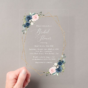 Invitations En Acrylique Fleurs Bleu Marine, Fleurs Roses, Lancement de Mar