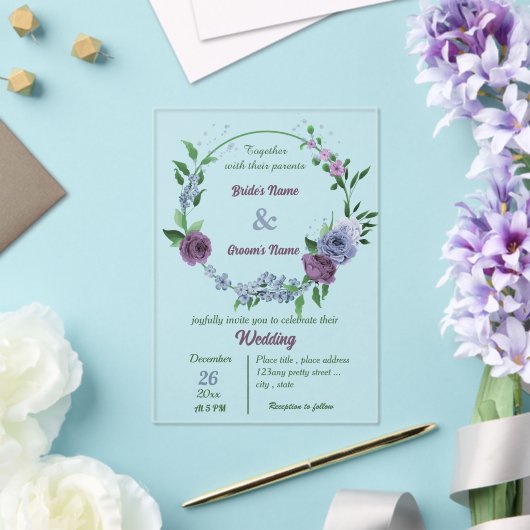 Invitations En Acrylique Fleurs bleu pourpre vert feuille mariage (Insitu (Mariage))