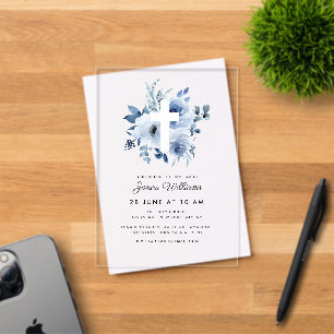 Invitations En Acrylique Fleurs bleues aquarelle pour baptême