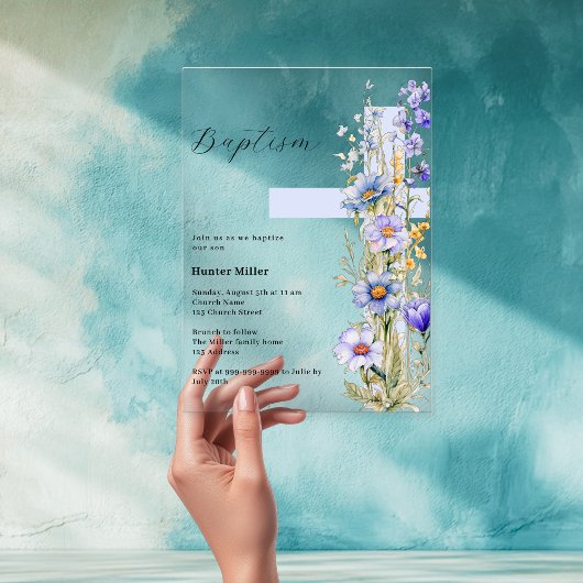 Invitations En Acrylique Fleurs bleues croix garçon clair Baptême