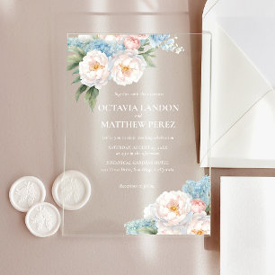 Invitations En Acrylique Fleurs bleues douces et roses Printemps Botanique