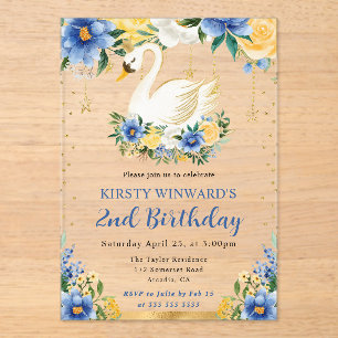 Invitations En Acrylique Fleurs bleues et jaunes aquarelle Cygne Anniversai