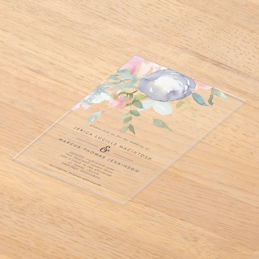 Invitations En Acrylique Fleurs bleues et roses rousses Pastel Mariage de p (Poser)