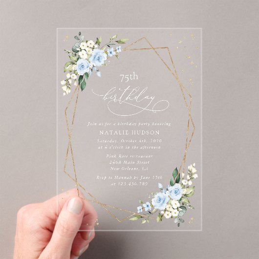 Invitations En Acrylique Fleurs bleues, Fleurs blanches, Feuillage, Anniver (In situ (ordinateur de poche))