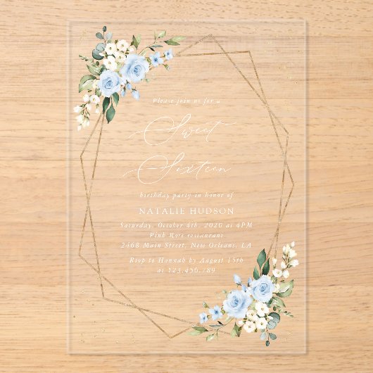 Invitations En Acrylique Fleurs bleues, Fleurs blanches, Verdure, Doux 16 (Recto)