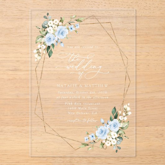 Invitations En Acrylique Fleurs bleues, Fleurs blanches, Verdure, Mariage (Recto)