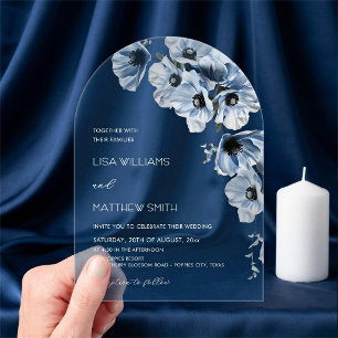 Invitations En Acrylique Fleurs Bleues Mariage Blanc