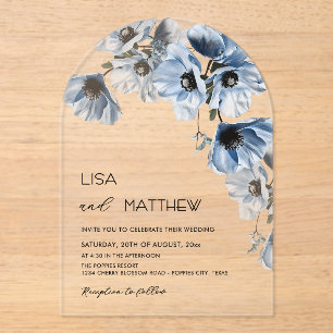 Invitations En Acrylique Fleurs Bleues Mariage Blanc Clair Décontracté