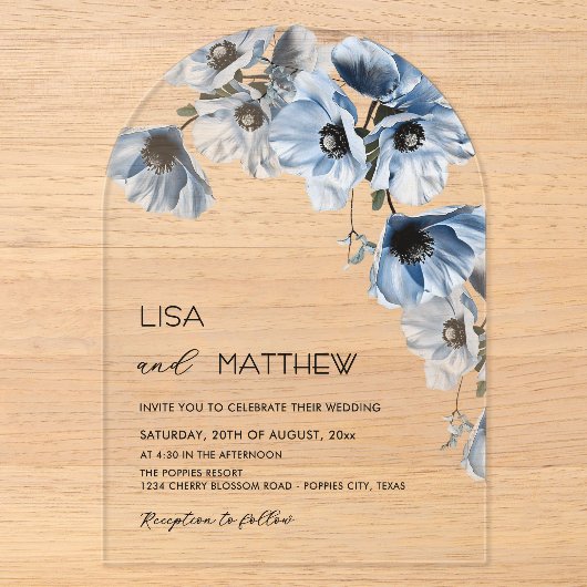Invitations En Acrylique Fleurs Bleues Mariage Blanc Clair Décontracté (Recto)