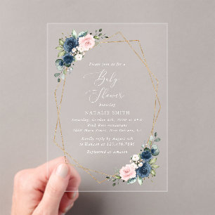 Invitations En Acrylique Fleurs Bleues Marine, Fleurs Roses, Baby shower