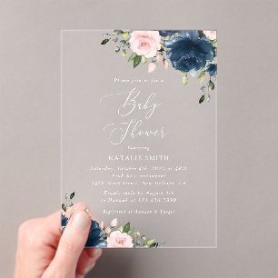 Invitations En Acrylique Fleurs Bleues Marine, Fleurs Roses, Baby shower