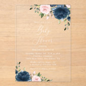 Invitations En Acrylique Fleurs Bleues Marine, Fleurs Roses, Baby shower (Recto)