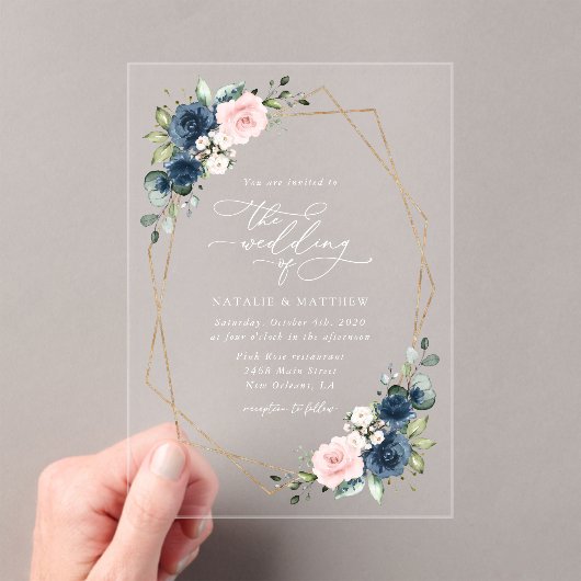 Invitations En Acrylique Fleurs Bleues Marine, Fleurs Roses, Mariage Floral (In situ (ordinateur de poche))