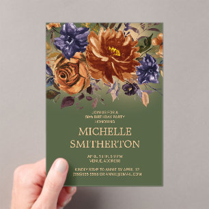 Invitations En Acrylique Fleurs Bleues Orange Brûlé Vert 50e Anniversaire