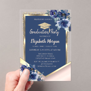 Invitations En Acrylique Fleurs Bleues Paillettes Or Rose Diplôme