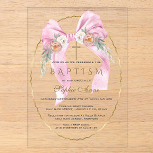 Invitations En Acrylique Fleurs Boho Ruban Rose Fille Baptême Transparent