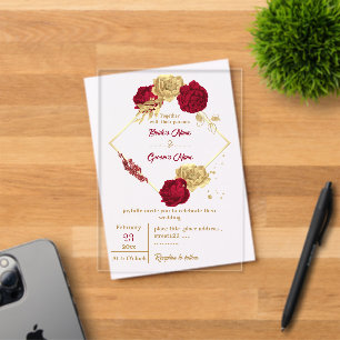 Invitations En Acrylique fleurs bordeaux et or couronne élégante mariage
