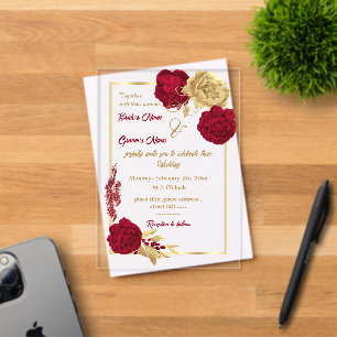 Invitations En Acrylique fleurs bordeaux et or élégant mariage