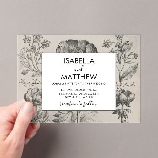 Invitations En Acrylique Fleurs botaniques vintages en noir et blanc