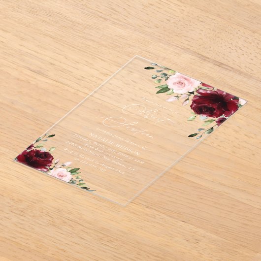 Invitations En Acrylique Fleurs Bourgogne, Fleurs roses, Boho, Sweet 16 (Poser)