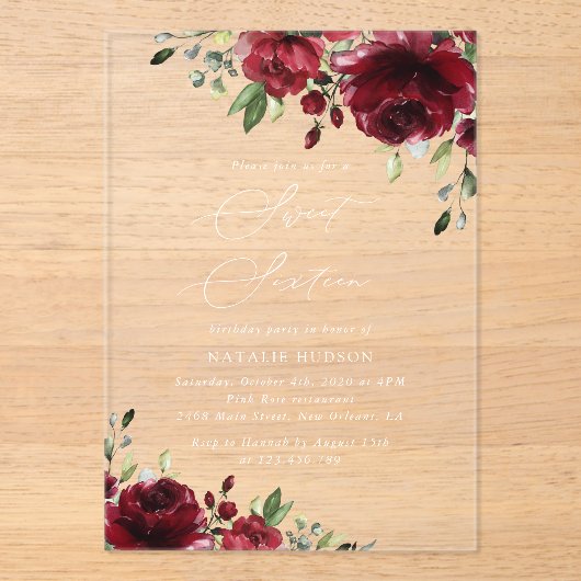 Invitations En Acrylique Fleurs Bourgogne, Fleurs rouges, Verdure, Doux 16 (Recto)