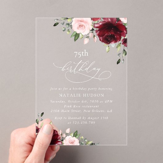 Invitations En Acrylique Fleurs Bourgognes, Fleurs Roses, Boho, Anniversair (In situ (ordinateur de poche))