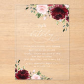 Invitations En Acrylique Fleurs Bourgognes, Fleurs Roses, Boho, Anniversair (Recto)
