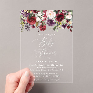 Invitations En Acrylique Fleurs Bourgognes, Fleurs Roses, Boho, Baby shower