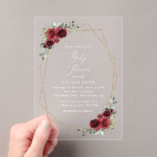 Invitations En Acrylique Fleurs Bourgognes, Fleurs Rouges, Baby shower